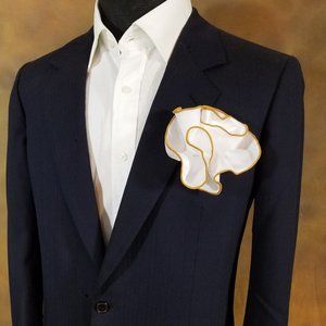 White Satin 2-in-1 Pouf Round Pocket Square with Gold Trim